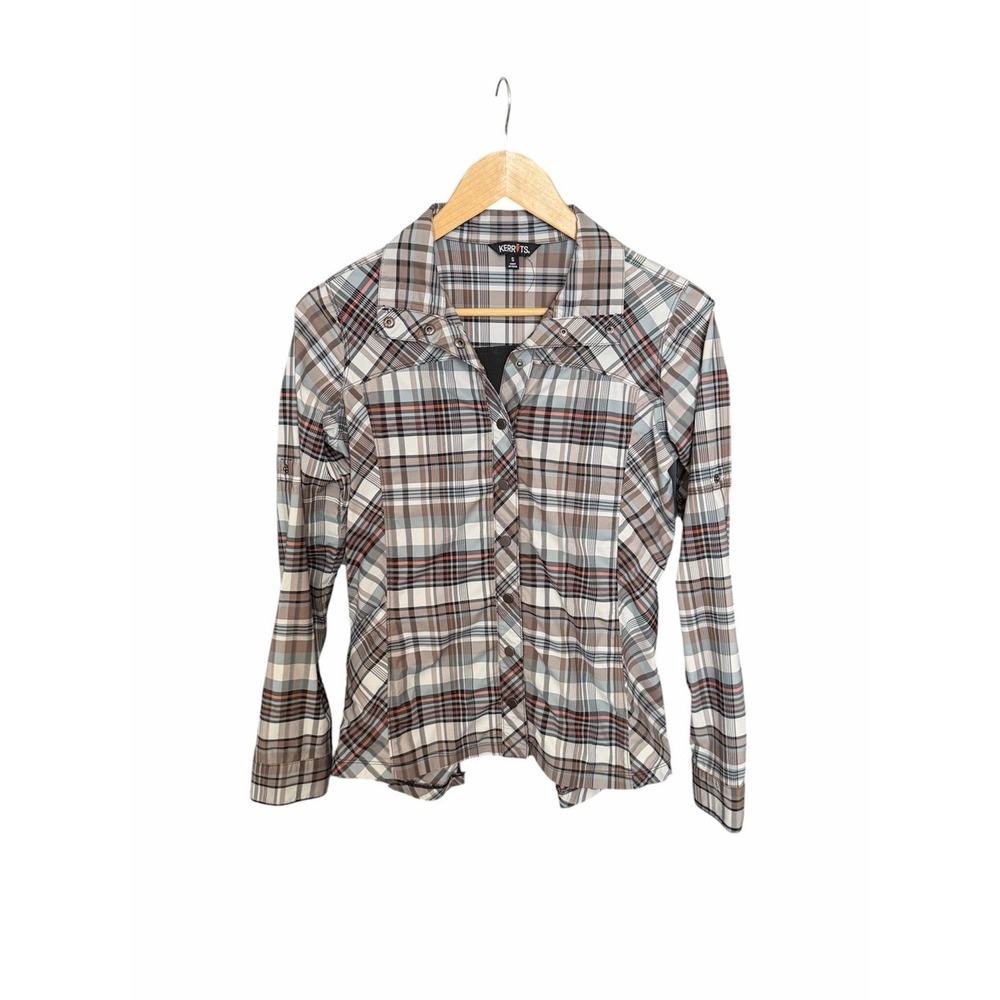 Kerrits Plaid Snap Front Shirt Size Small Brown White Blue Western Rodeo Cowgirl